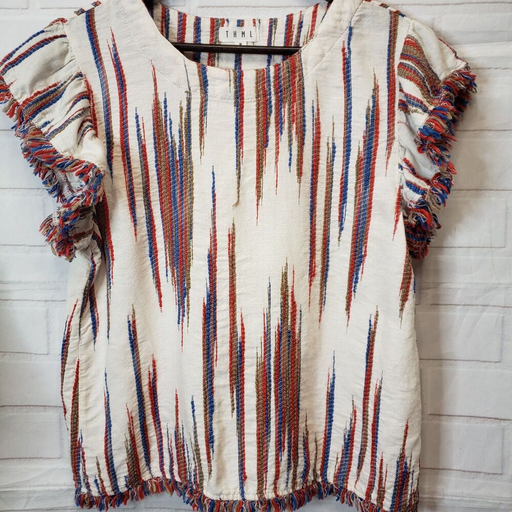 THML Boho Embroidered Flutter Sleeve Top Multicolor Fringe Trim size M - Picture 6 of 6